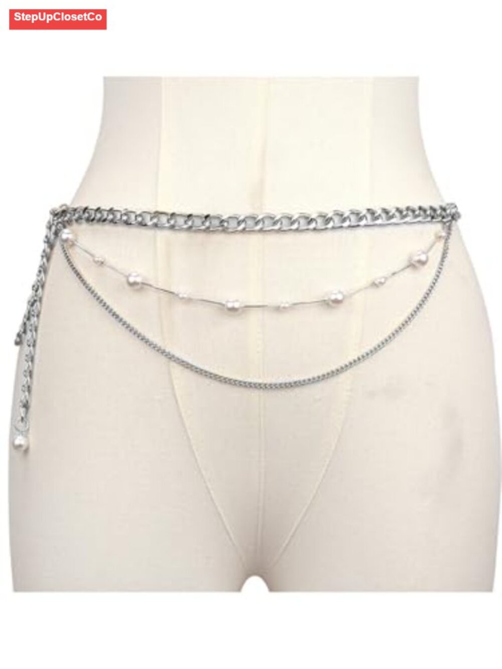 Women Body Chain Belt with Pearl, Silver Alloy Waist Chain, Plus Size Layered - Picture 6 of 6